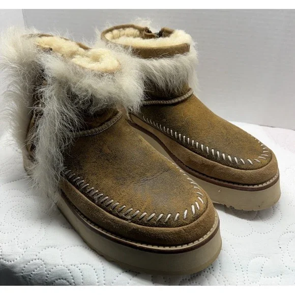 UGG Fluff Punk Womens Ankle Boots Chestnut Suede Toscana Sheepskin Size 8 - Picture 1 of 12